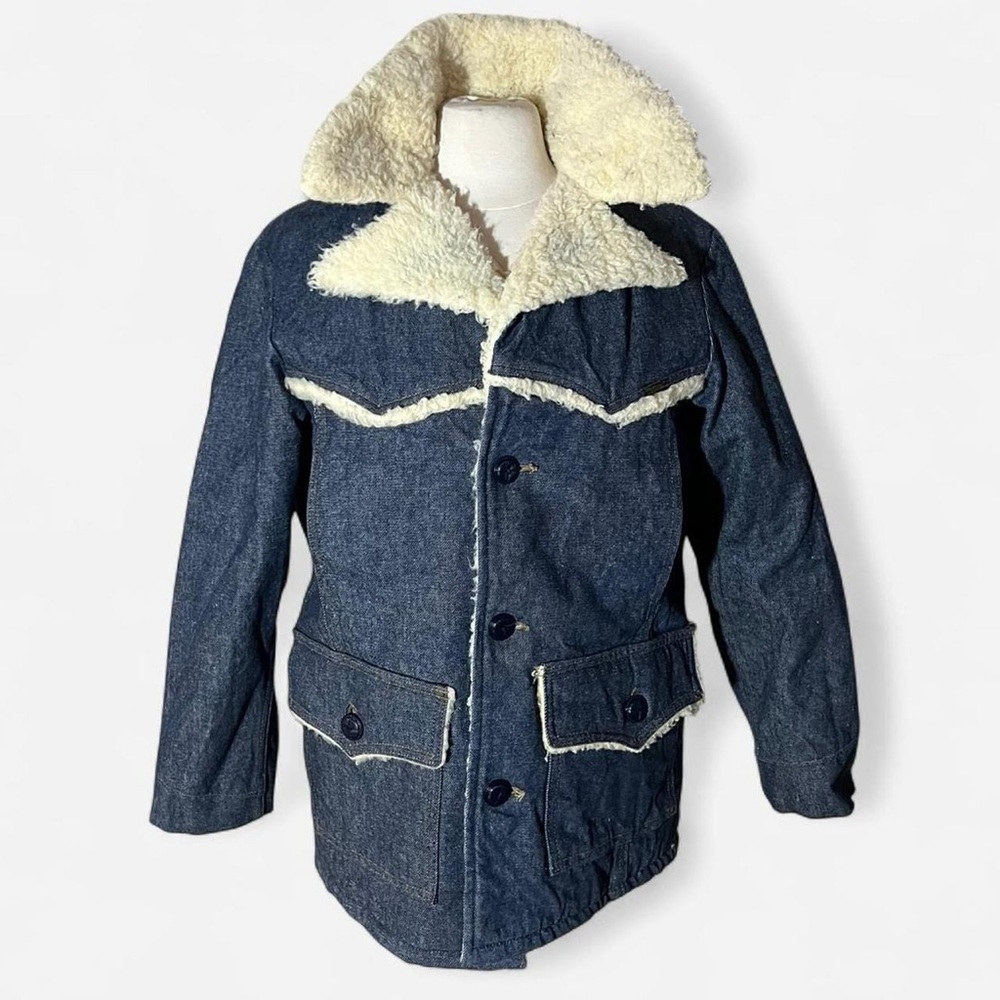 Men's Navy Denim Coat with Shearling Collar